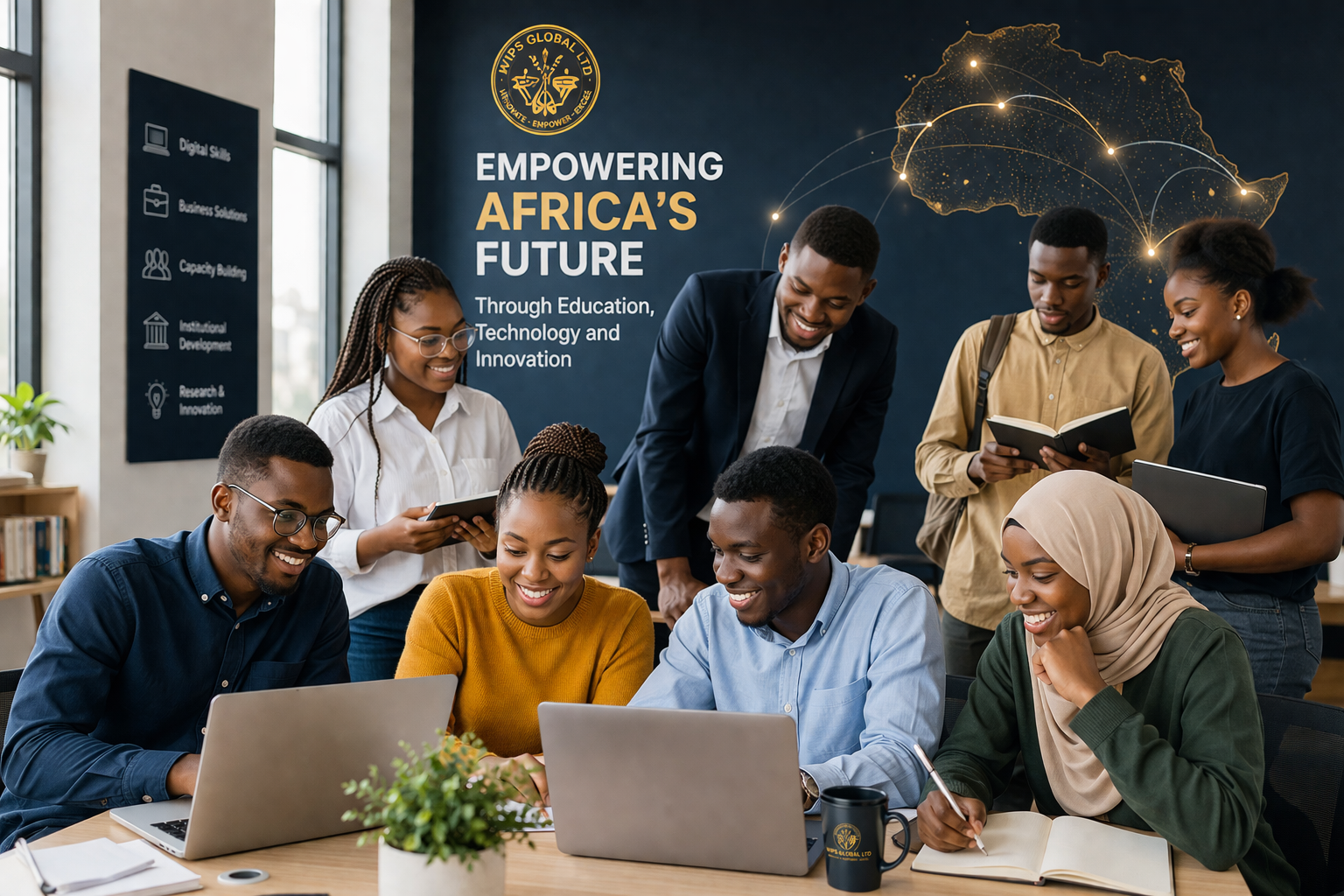 African students and young professionals collaborating in a technology-enabled learning space